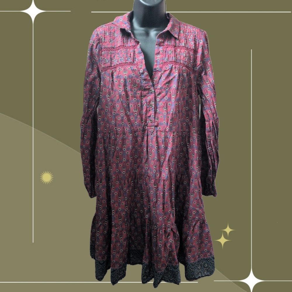✨ Anthropologie Diyana Tiered Tunic Dress In Burgundy Floral Size L